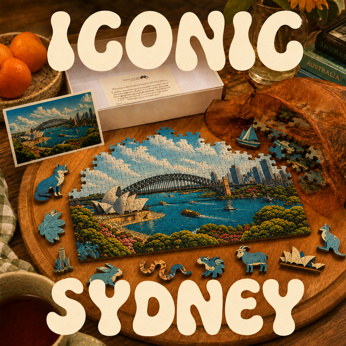 A Sydney-themed jigsaw puzzle set displayed on a wooden board, with the completed puzzle showing the Sydney Opera House and Harbour Bridge. Surrounding pieces include animal and landmark cutouts, a small printed card, an open box, and decorative props.
